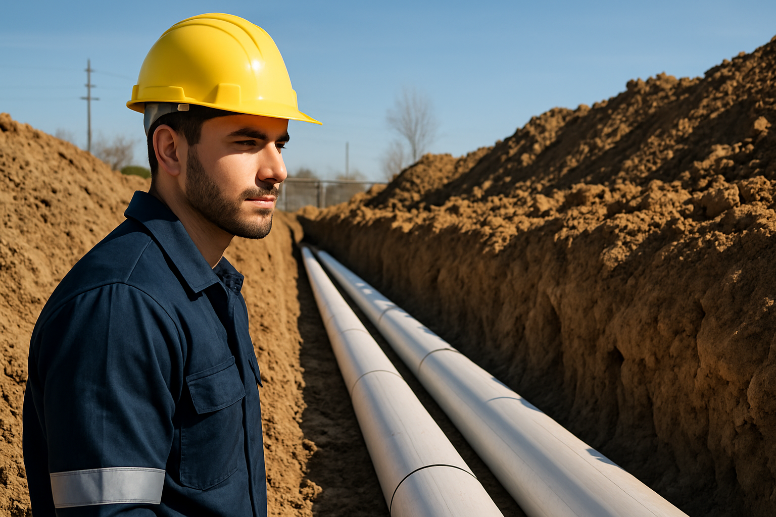 worker guiding conduit into trench Houston TX